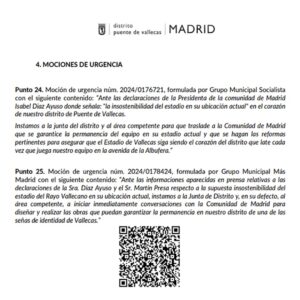 Mociones de urgencia núm. 2024/0176721 del PSOE y la núm. 2024/0178424 de Más Madrid